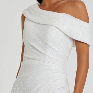 Mac Duggal One shoulder Ruched Sequin White Gown - NWT!